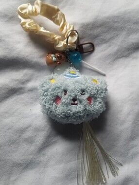 Fuzzy Wuzzy Bear Blue Cloud Keychain Wristlet - Light Blue with Cream Scrunchie
